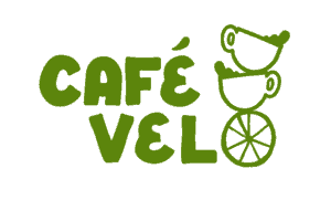 Logo van Café Velo met fietsillustratie en groene tekst.