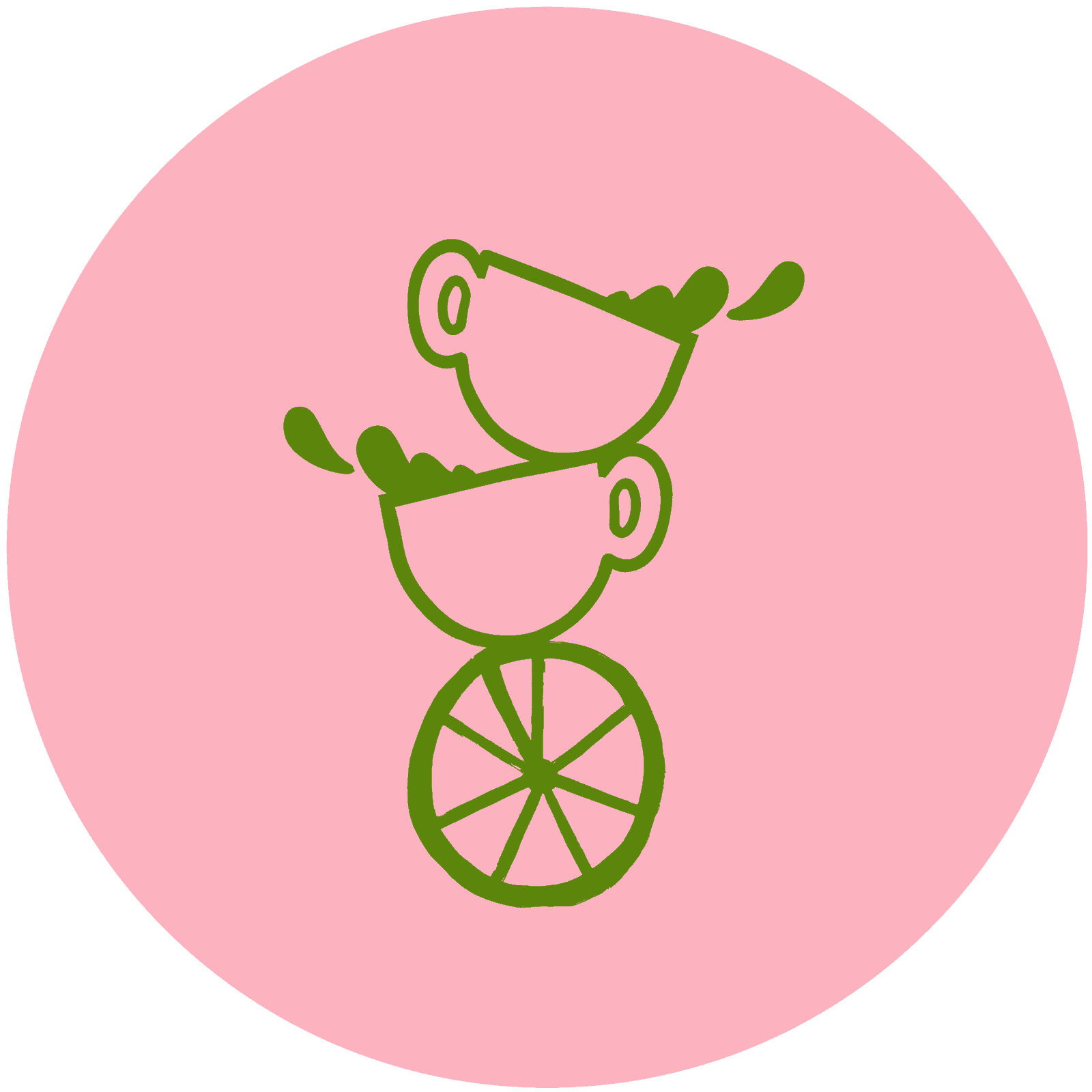 Vrolijke illustratie van een roze bol met groene bladeren en een fietswiel.