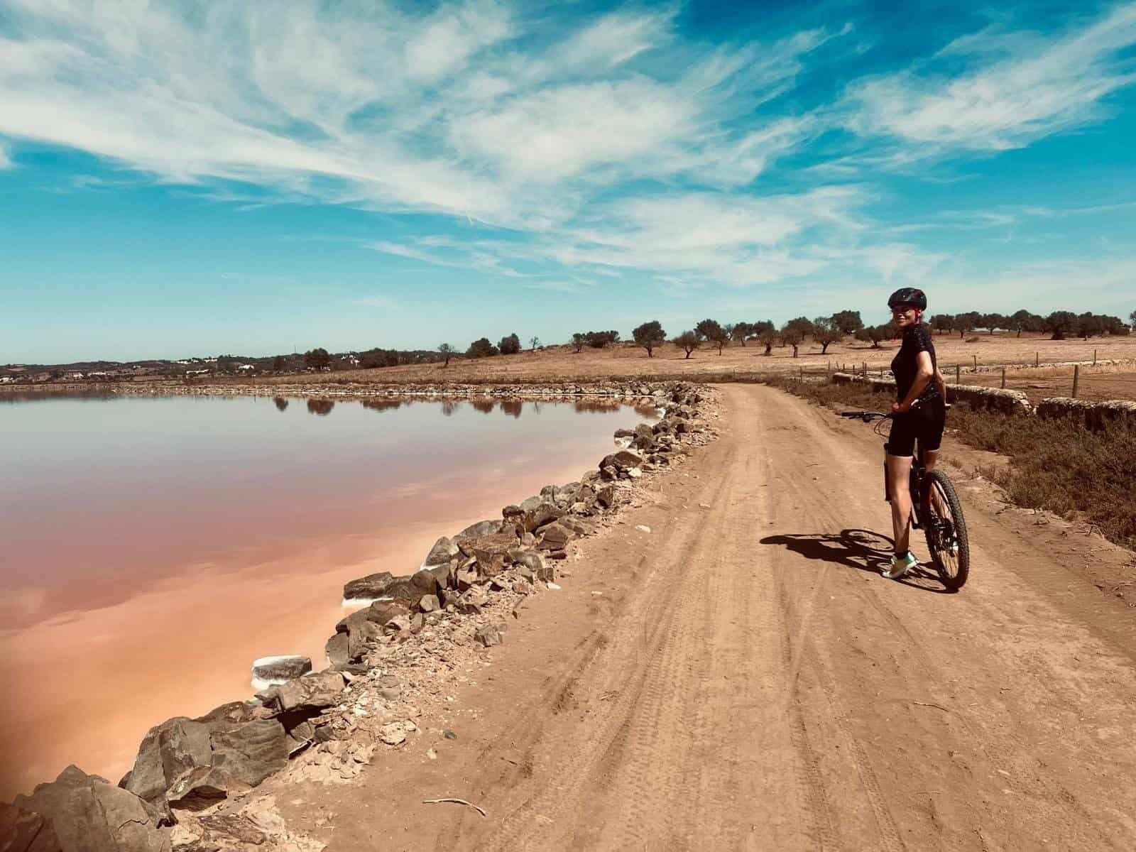 Cyclist enjoying a scenic 45km ride along salt lake and countryside.