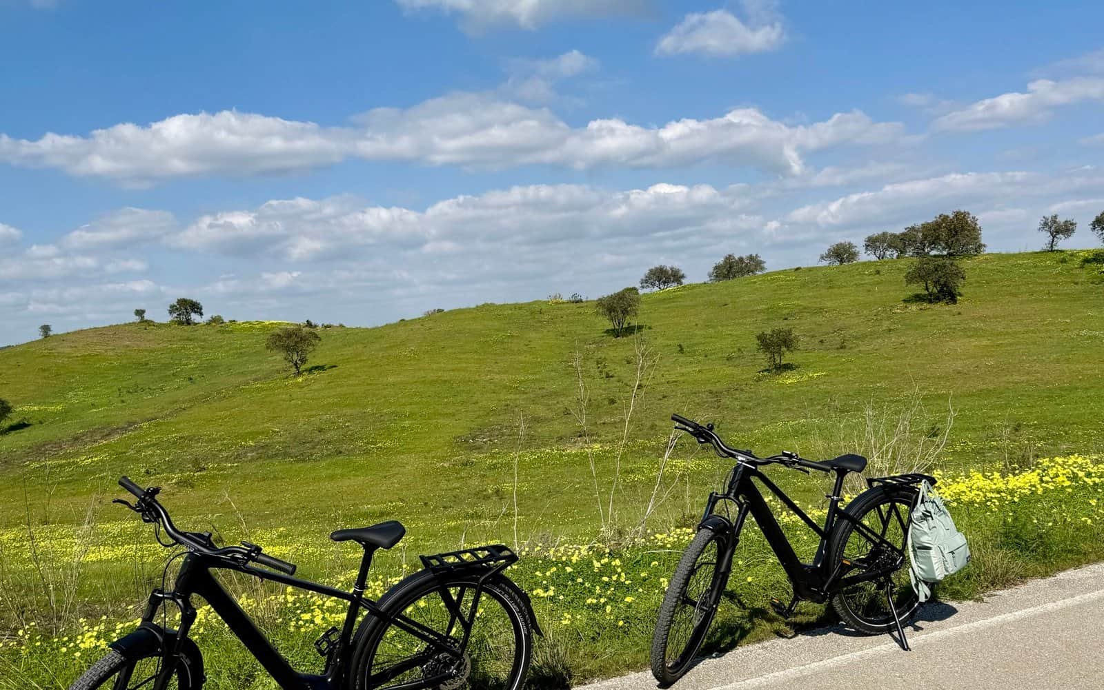Bike with panniers on a country road in a green landscape under a blue sky.